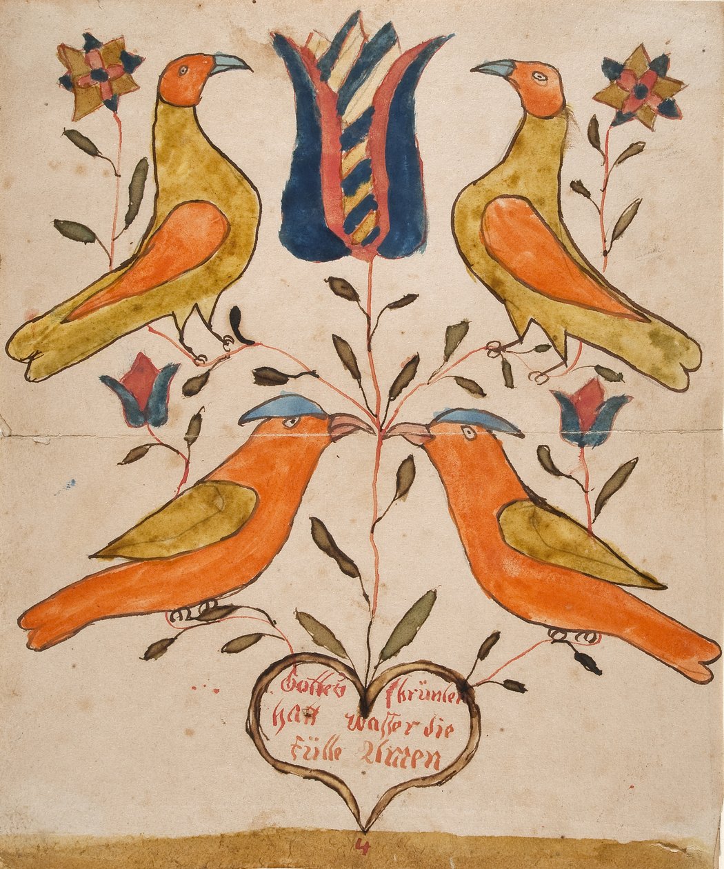 Fire fugle, tulipan og hjerte af Unknown artist