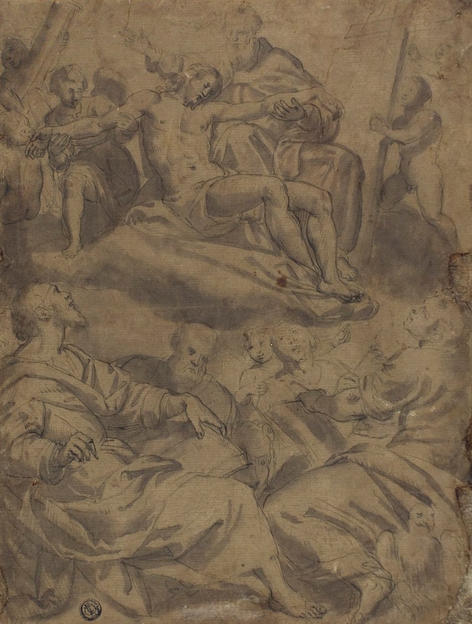 Fire evangelister og visionen om Gud, der holder den døde Kristus med lidelsesredskaberne af Unknown artist