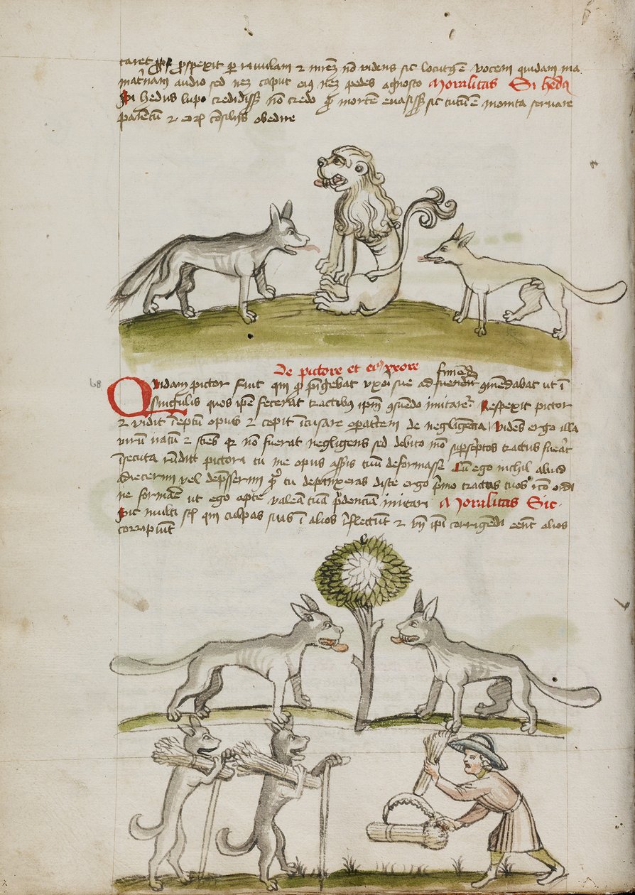 Ræv og ulv foran en løve; to ulve under et træ, der slæber hvedeballer; en landmand, der bundter hvedeblade af Unknown artist