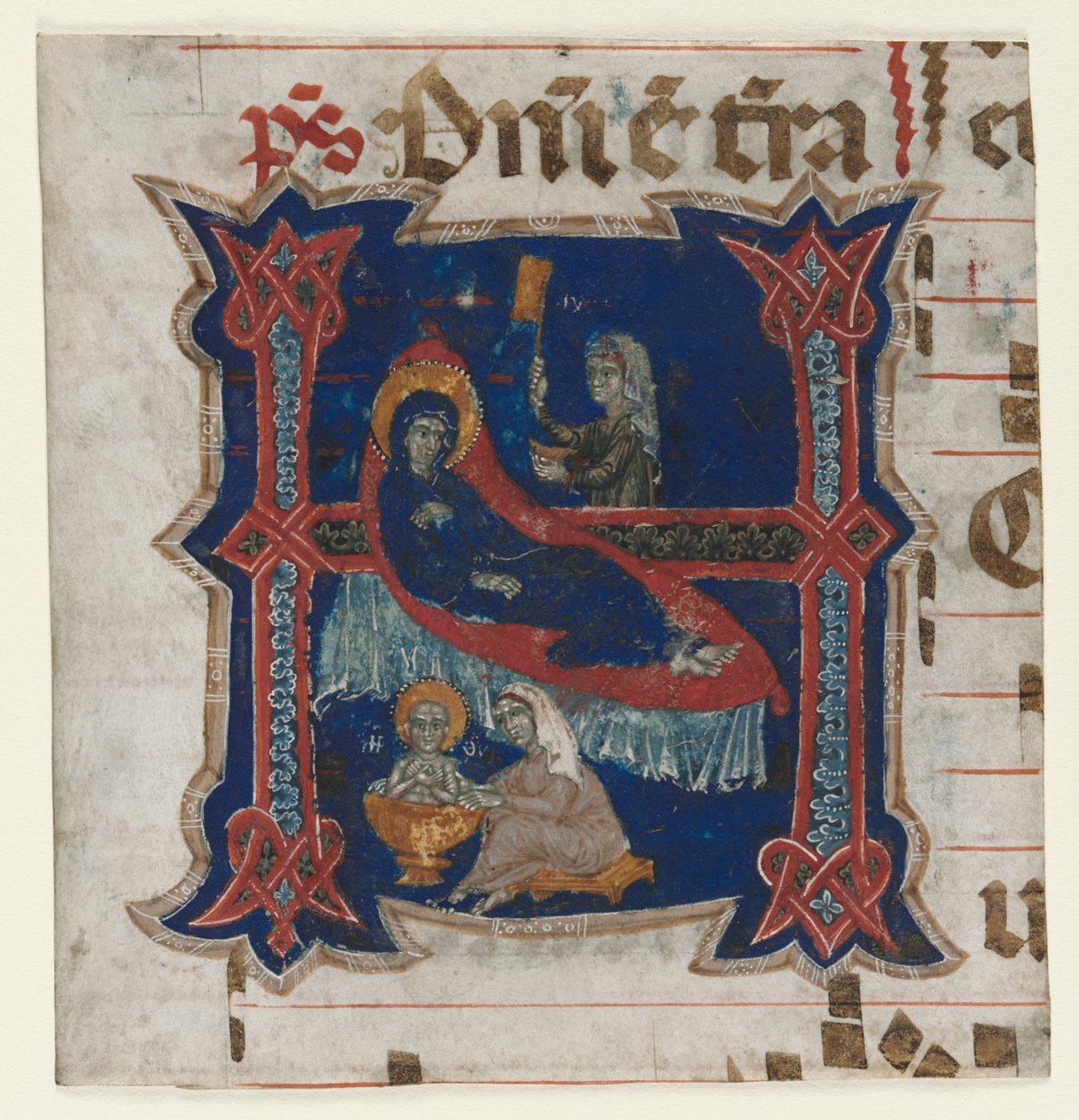 Fragment af en korbog med historisk initial (H): Jomfruens fødsel af Unknown artist