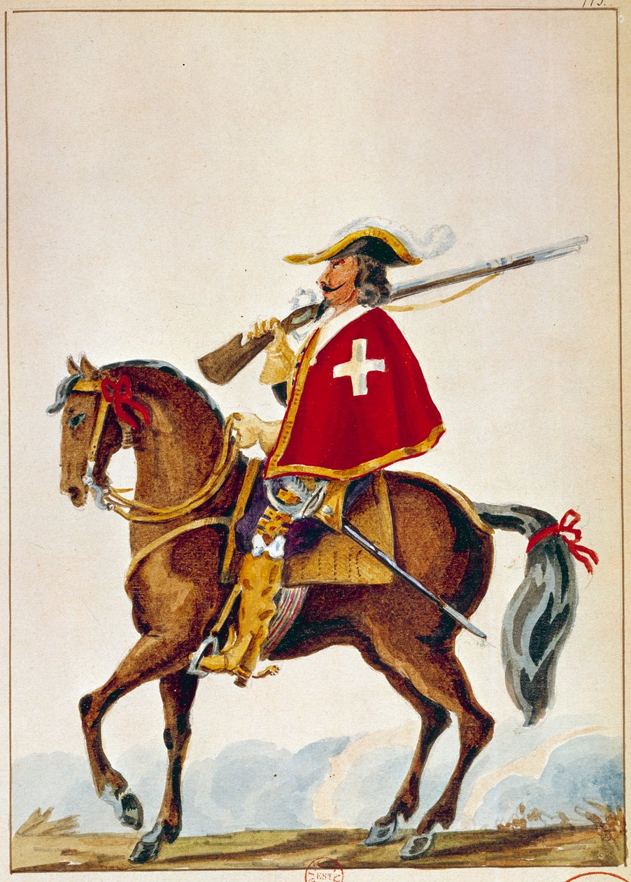 Fransk Armee: De Valmont, musketer for kardinal Richelieus vagt. Stik af det 17. århundrede. Paris, B N af Unknown artist