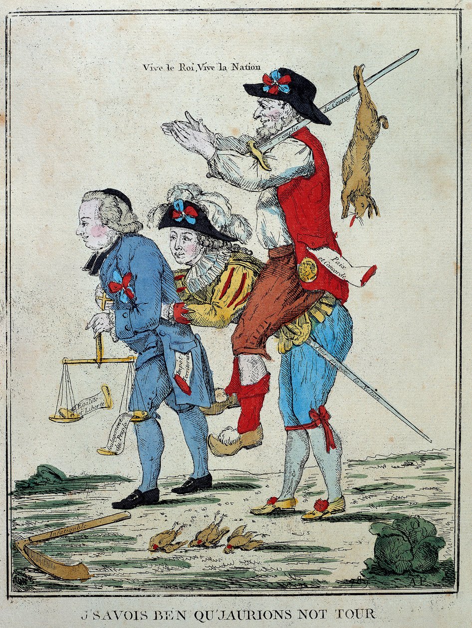 Franske revolution: "Jeg vidste, at jeg ville få vores tur"". Tegneserie, der forestiller den tredje stat (tredje stat) på bagsiden af de to ordener (præster og adel). Stik af det 18. århundrede. Paris, Musée Carnavalet af Unknown artist