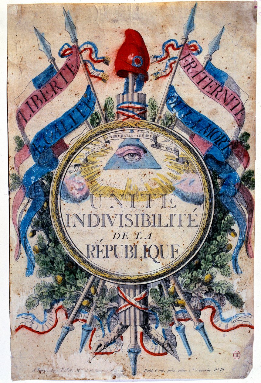 Fransk revolution: "" Liberte, egalitet, broderskab eller død. Foren republikkens udelelighed”, de revolutionære symboler af Unknown artist