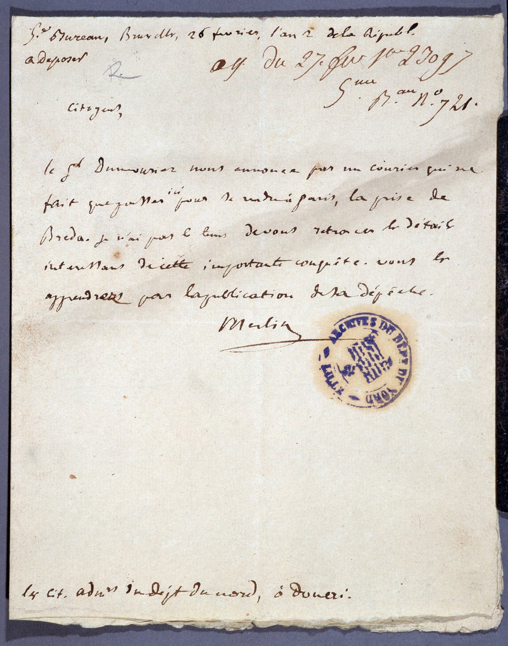 Fransk revolution: håndskrevet brev dateret 26/02/1793 fra en denomme Merlin om erobringen af byen Breda i Holland den 24. februar af general Dumouriez. Nord Lilles afdelingsarkiv af Unknown artist