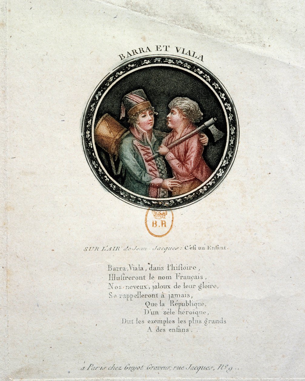 Franske revolution: repræsentation af Barra og Viala. Joseph Agricol Viala (1780-1793) og Joseph Bara (1780-1793), heltebørn fra den franske revolution, som kæmpede henholdsvis i Marseille og i Vendee for Republique. Stik af det 18. århundrede af Unknown artist