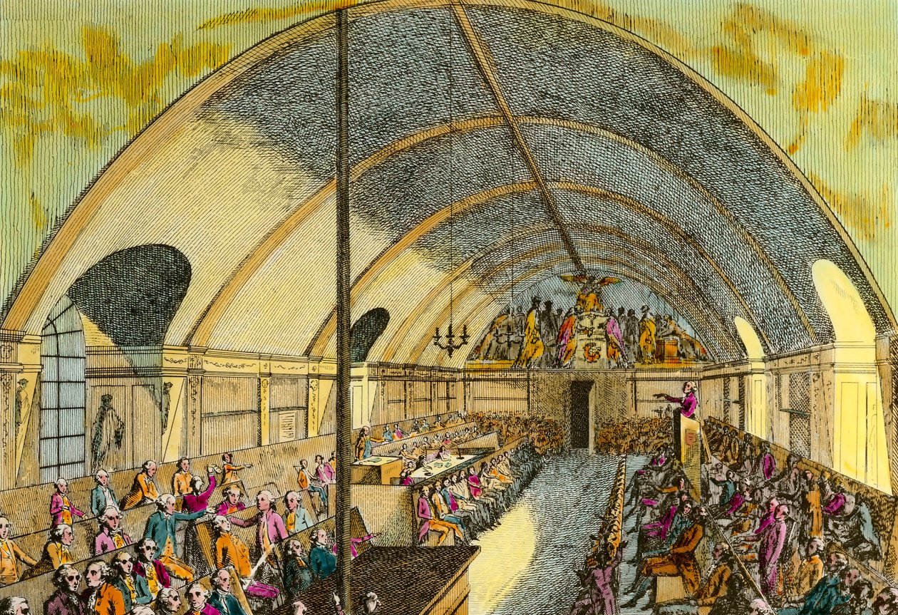 Fransk revolution: repræsentation af en session i det politiske samfund "Societe des amis de la Constitution" eller Club des Jacobins grundlagt i Versailles i 1789 og i Paris i oktober 1789 i Jacobinernes kloster repræsenteret her. Indgravering af den 18 af Unknown artist