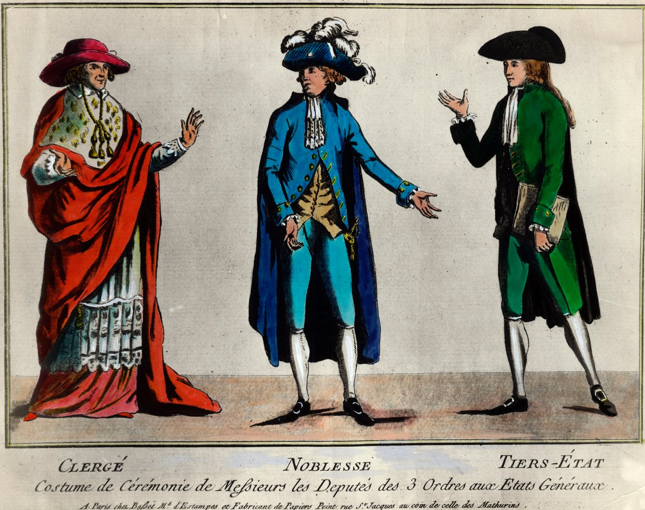Fransk revolution: repræsentation af deputerede for de tre ordener i Generalstaterne i ceremoniel dragt: gejstligheden, adelen og den tredje stat (tredje stater). Tryk fra slutningen af 1700-tallets privatsamling af Unknown artist