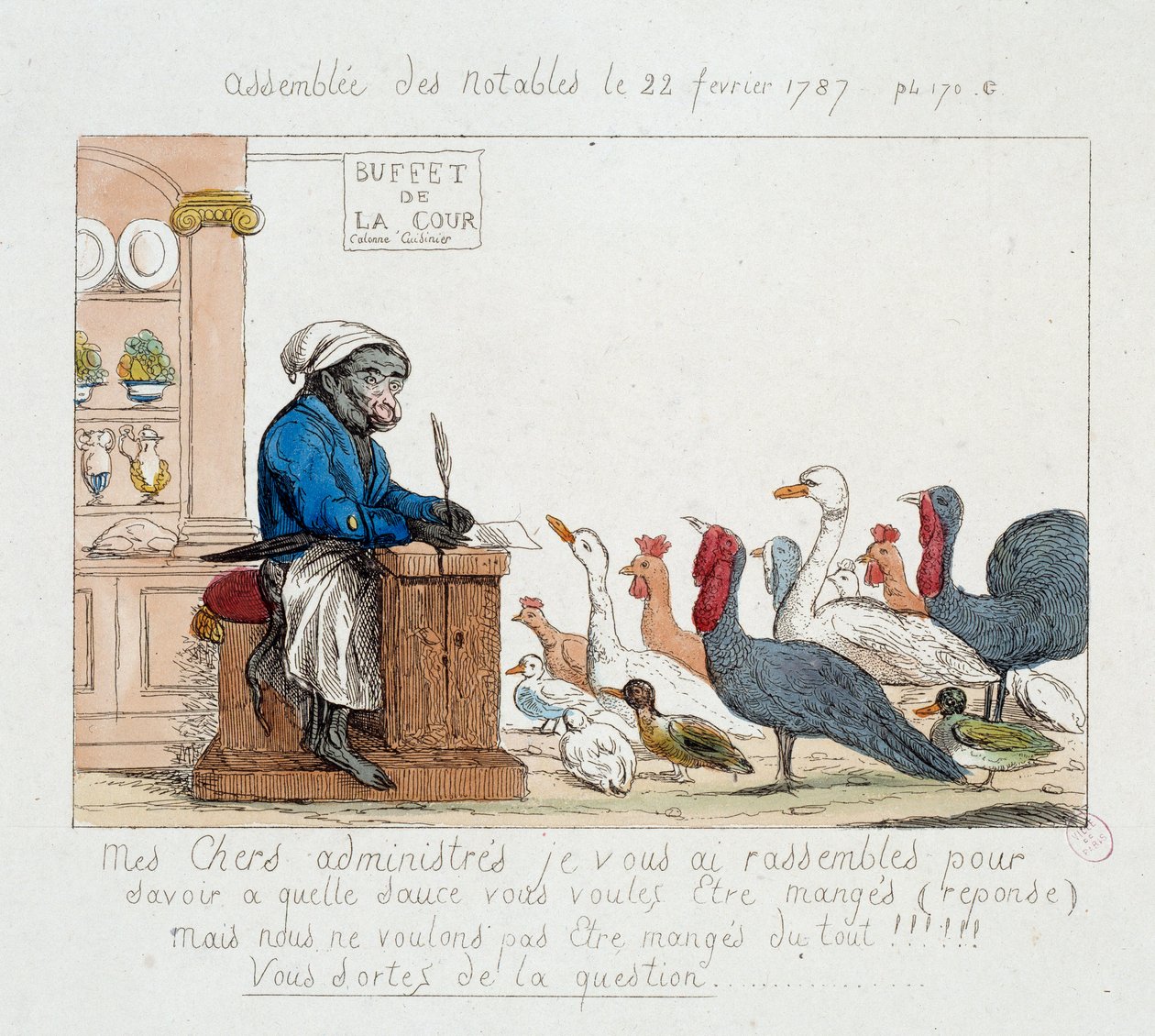 Fransk revolution: "" the Assembllee des notables du 22. februar 1787"" Karikatur, der repræsenterer kong Louis XVI i abekok, der leder en forsamling bestående af kalkuner, høns, gæs og kalkuner. Tegning af det 18. århundrede. Paris Musée Carnavalet af Unknown artist