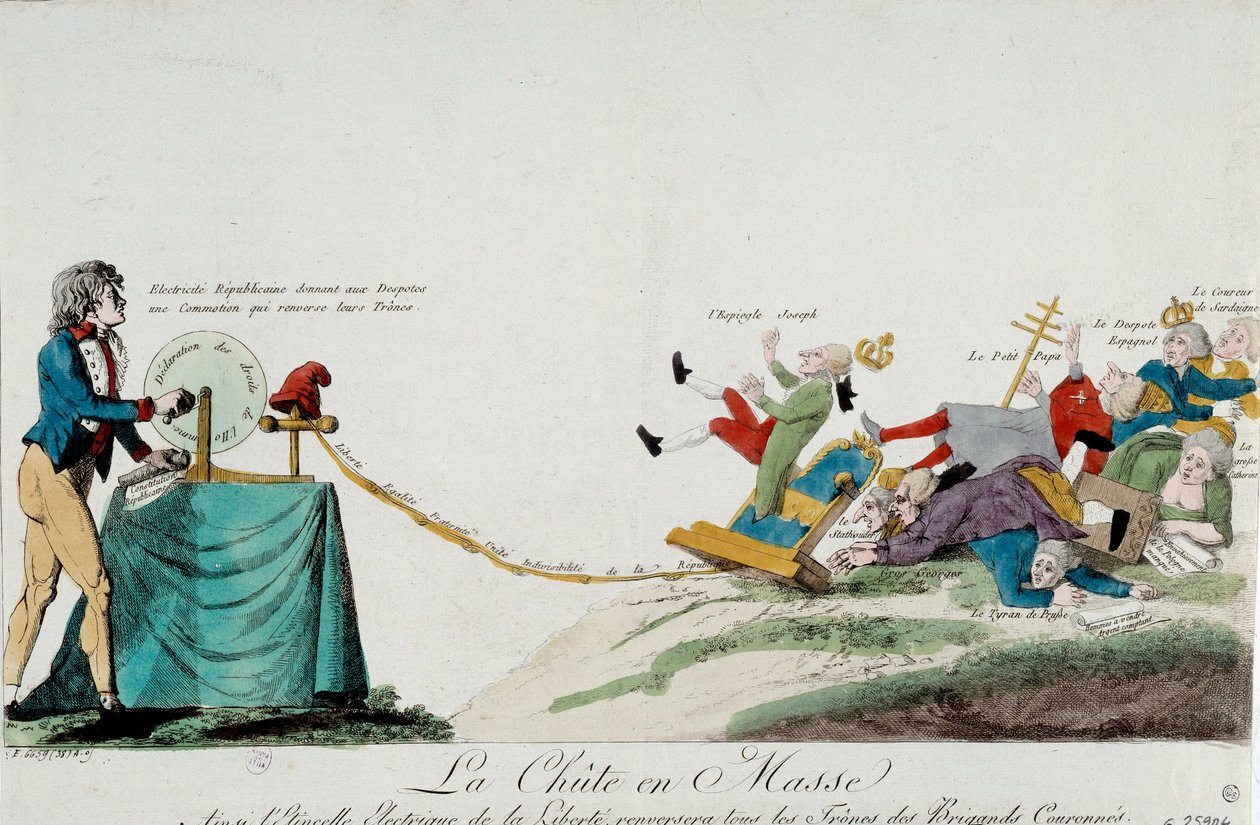 Den franske revolution: enden på despotismen. En mand sender elektriske udladninger (menneskerettighedshåndsving) til europæiske herskere, der falder fra deres trone. Stik omkring 1789. Paris, Musee Carnavalet af Unknown artist