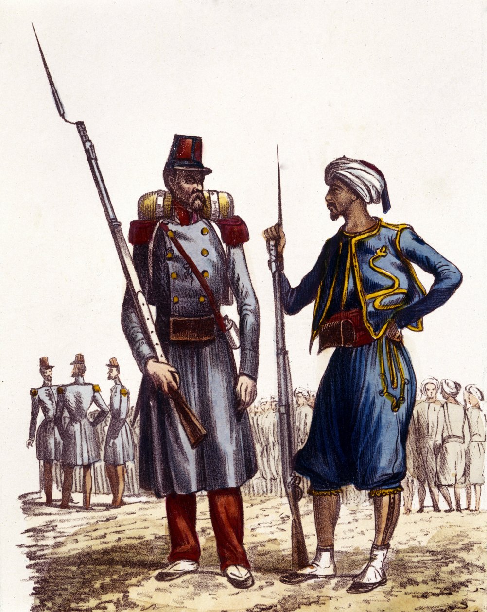 Fransk militæruniform: Til venstre dannedes en fremmedlegion og blev sendt til Algeriet i 1831. Til højre indfødte ryttere, trænet og sendt til Algeriet i 1841. I L