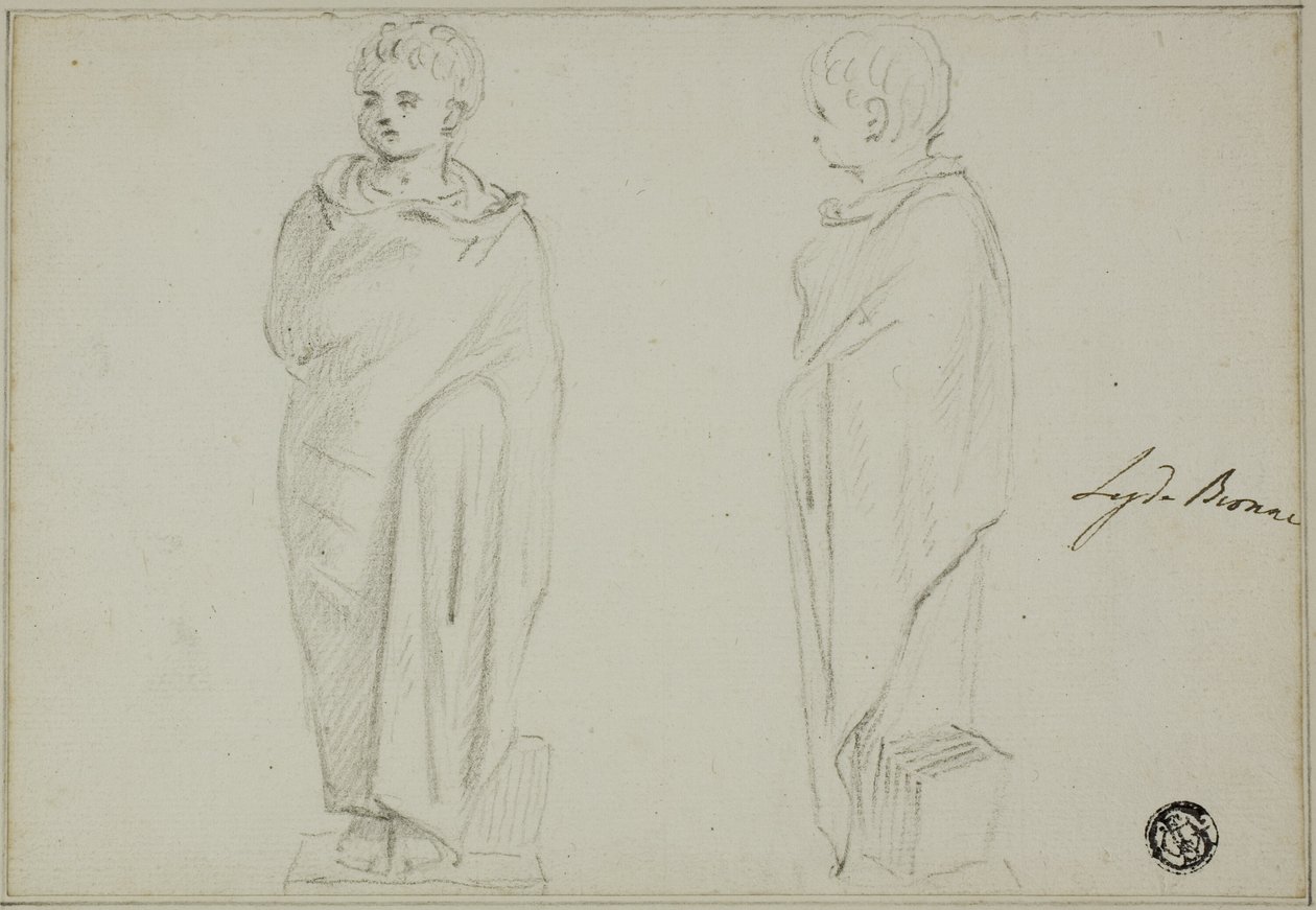 Forfra og fra siden af statue af dreng klædt i Toga af Unknown artist