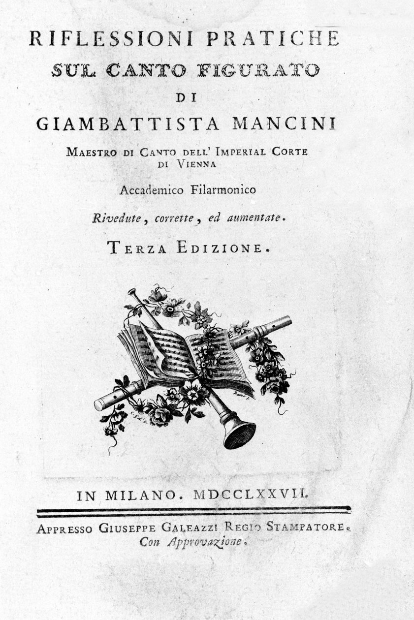 Frontispice de "" Tanker og praktiske overvejelser om figurativ sang "" "af den italienske sangteoretiker og kastrat Giovanni Battista Mancini (1716 - 1800). 1777. af Unknown artist