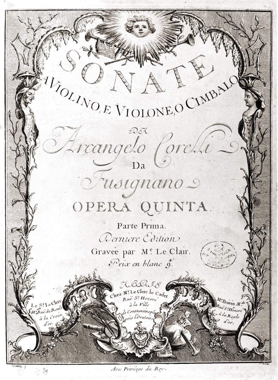 Frontispice af 12 sonater for violin, bas og cembalo af Arcangelo Corelli (1653 - 1713). fransk version. af Unknown artist