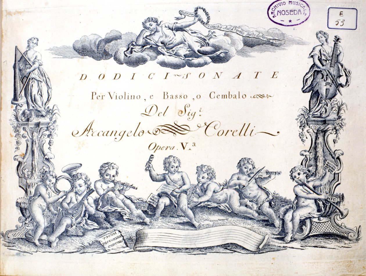 Frontispice af 12 sonater for violin, bas og cembalo af Arcangelo Corelli (1653 - 1713). af Unknown artist