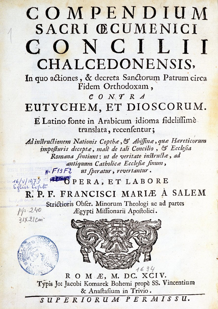 Frontispice af "Kompendium af det hellige økumeniske råd i Chalcedon"" af Unknown artist