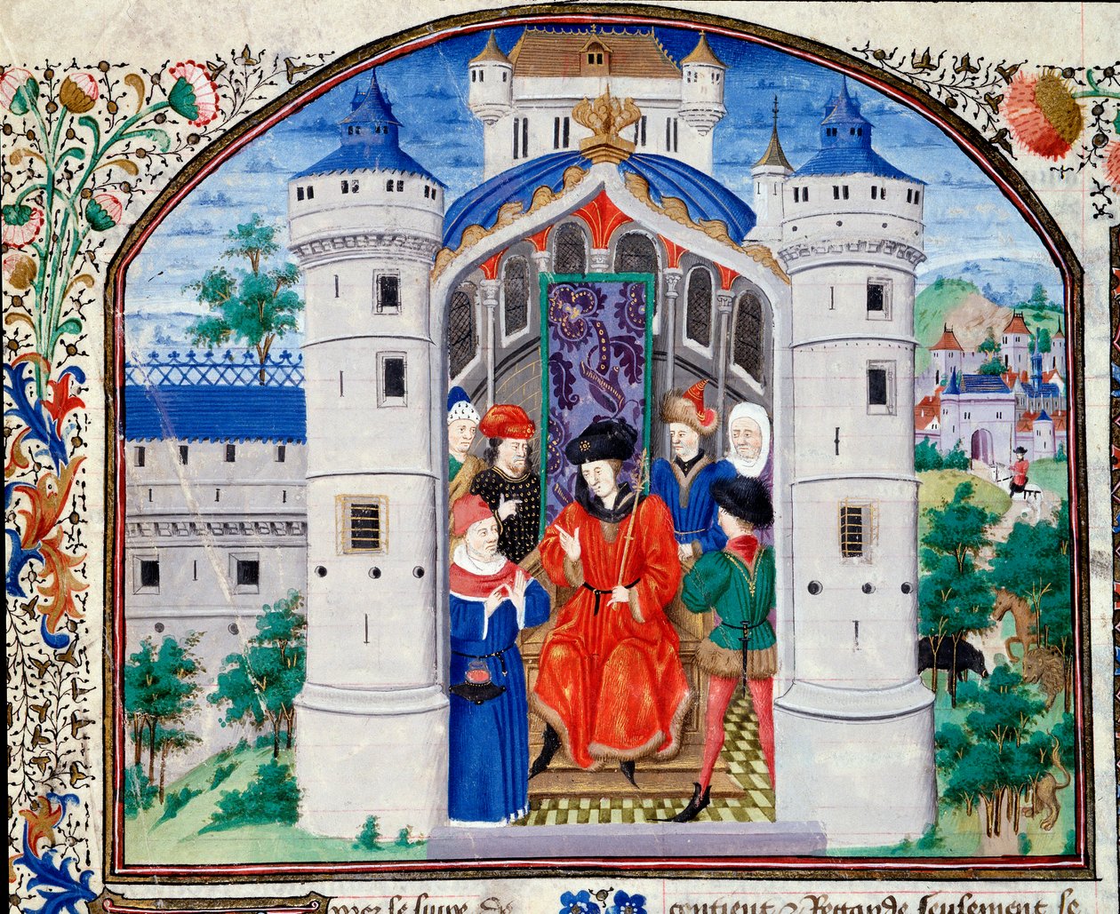 Frontispice of Economics repræsenterer forfatteren, der præsenterer sit arbejde for kongen. Miniature fra manuskriptet (Ms 927 Fol.426) "" Commentary on Political and Economic Ethics"" af den græske filosof Aristoteles (383-322 f.Kr.) oversat af Nicolas Or af Unknown artist
