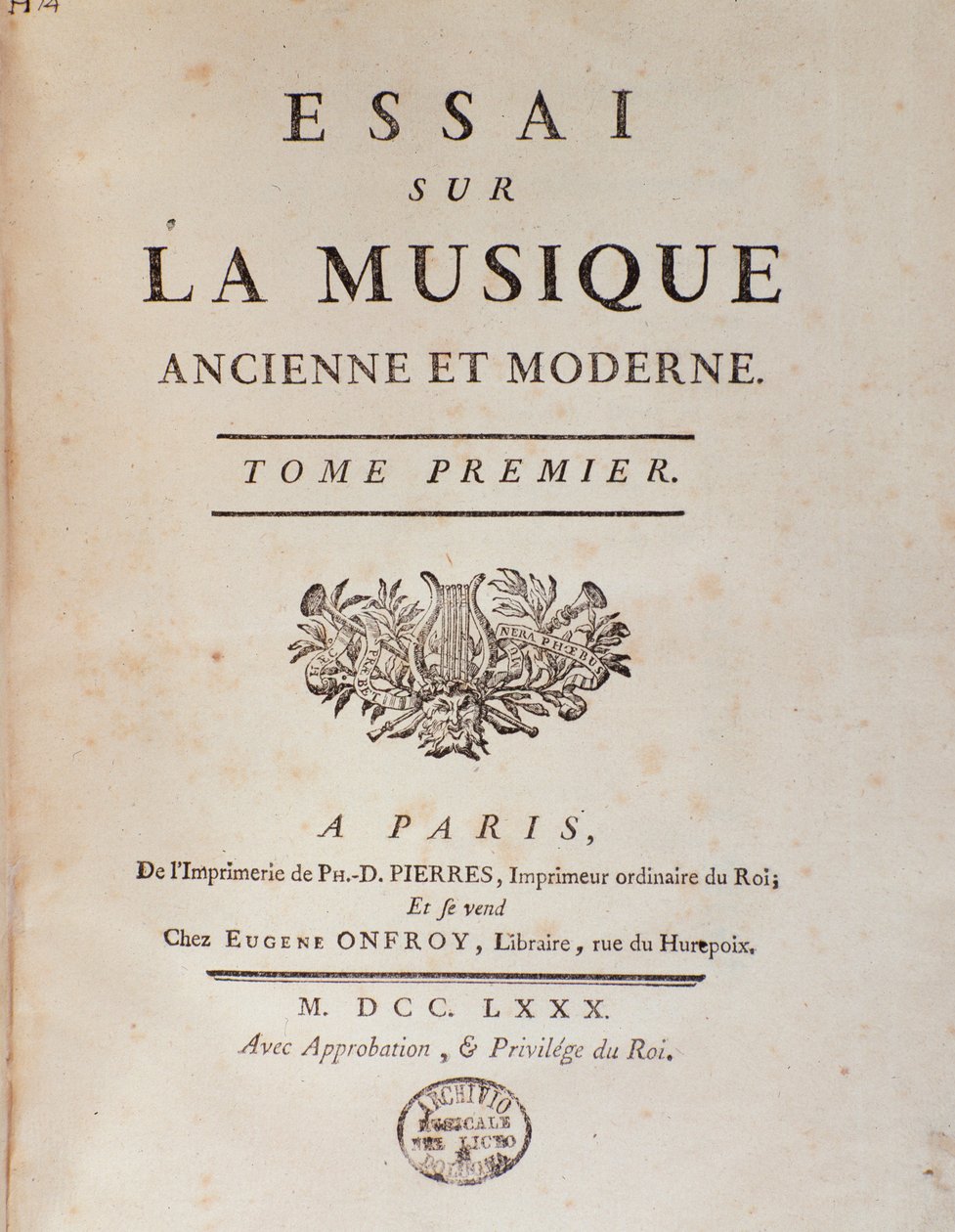 Frontispice af ""Essay om gammel og moderne musik"" af Jean Benjamin de Laborde (Jean-Benjamin de La Borde) (1734-1794) 1780 Bologna, civico museo musicale af Unknown artist