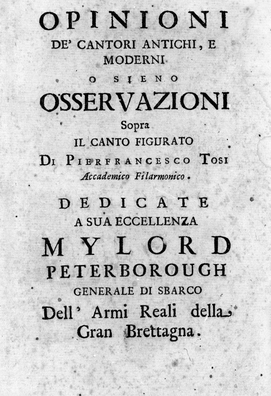 Frontispice af "" Meninger fra gamle og moderne sangere er observationer om figurativ sang "" af Pier Francesco Tosi (1653 - 1732), italiensk kastrat, komponist og teoretiker. 1723 af Unknown artist