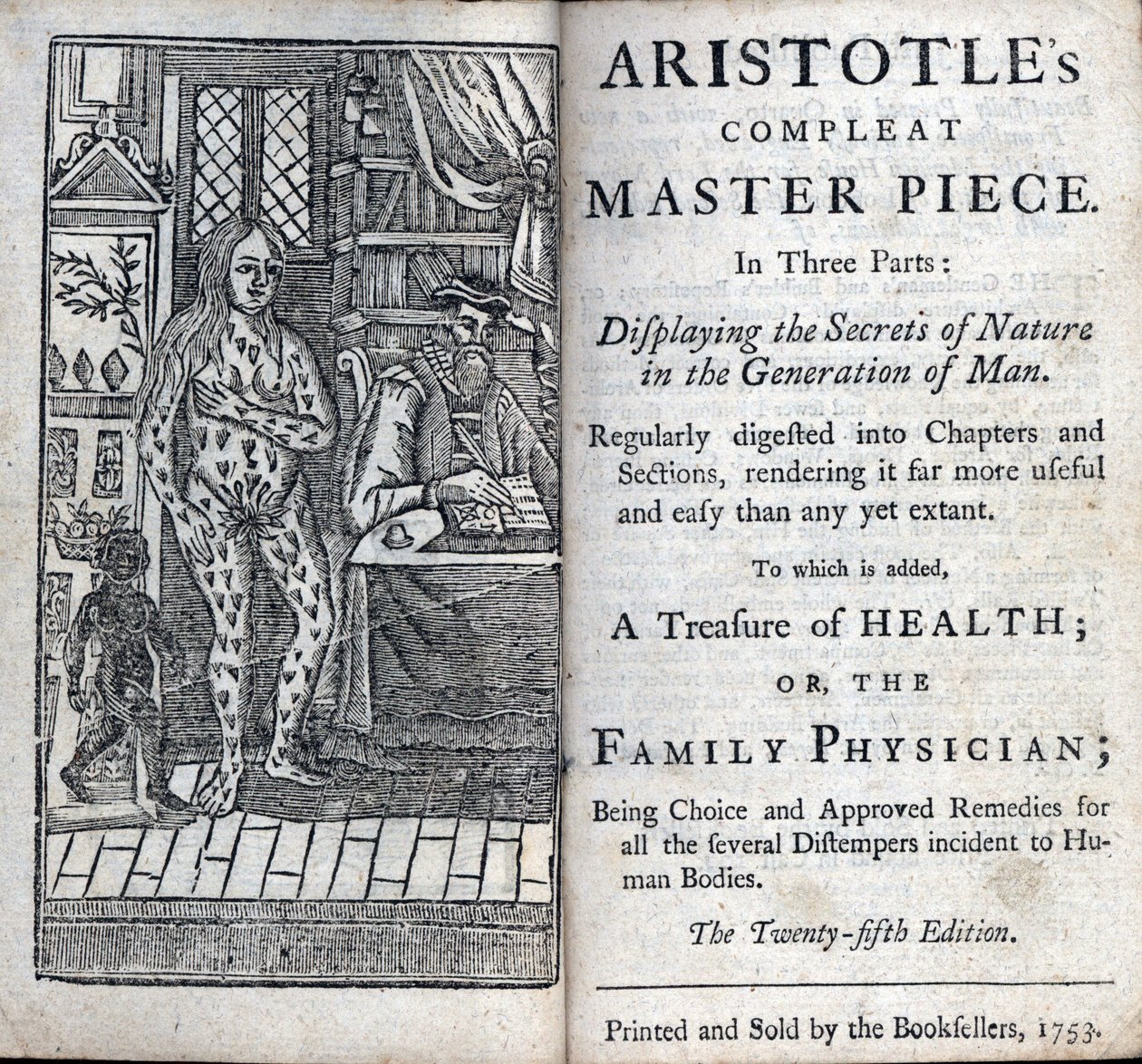 Frontispice af en medicinsk behandling af den græske filosof Aristoteles (384-322 f.Kr.). (ARISTOTTELESS KOMPLETTE MESTERSTJEK I TRE DELE. VISNING AF NATURENS HEMMELIGHEDER I MENNESKERENS GENERATION) 1753 af Unknown artist