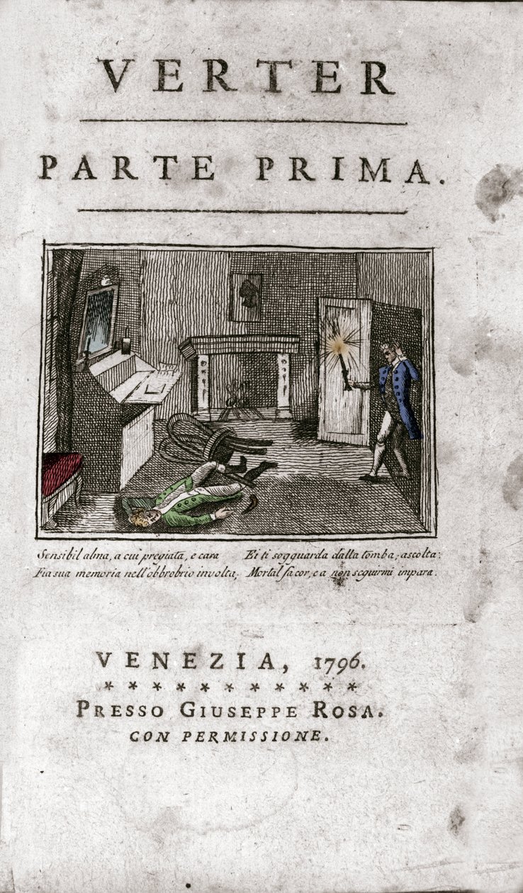 Frontispice af den italienske udgave af "" Den unge Werthers lidelser"" af Johann Wolfgang von Goethe (1749-1832) 1796 (frontstykke af en italiensk udgave "" The Sorrows of Young Werther""" af Goethe af Unknown artist