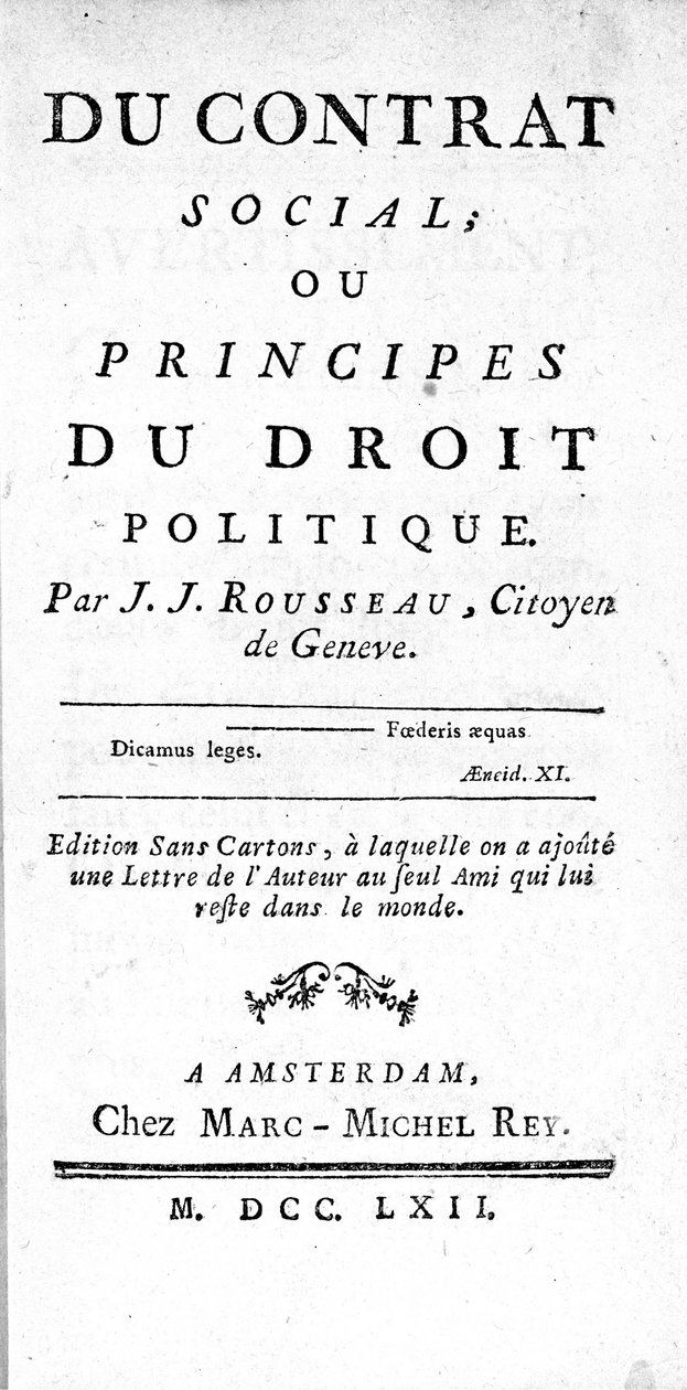 Frontispice of the Social Contract or Principles of Political Law af Jean Jacques Rousseau (1712-1778), trykt i Amsterdam i 1762 af Unknown artist