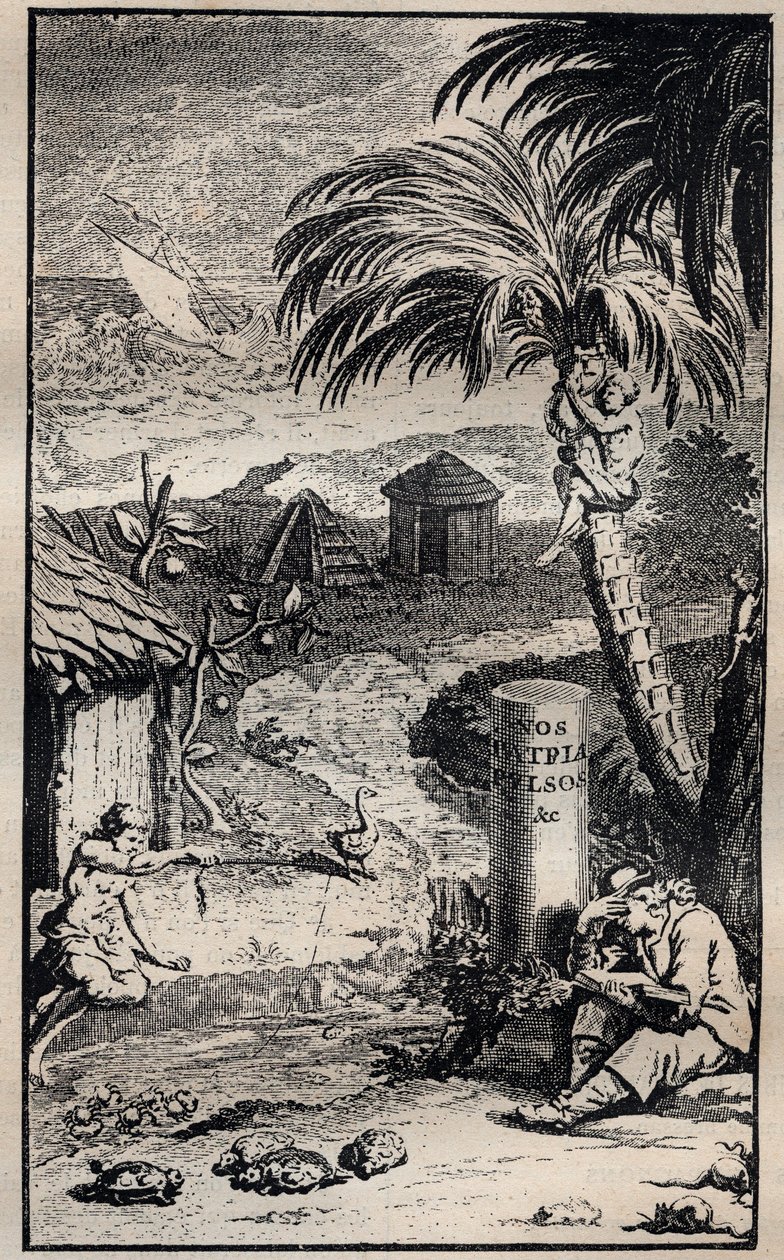Frontispice af bogen "" Rejser og eventyr af Francois Leguat og hans ledsagere i to øde øer i Ostindien"" af Francois Leguat (1637-1735) Fransk opdagelsesrejsende - 1708 af Unknown artist