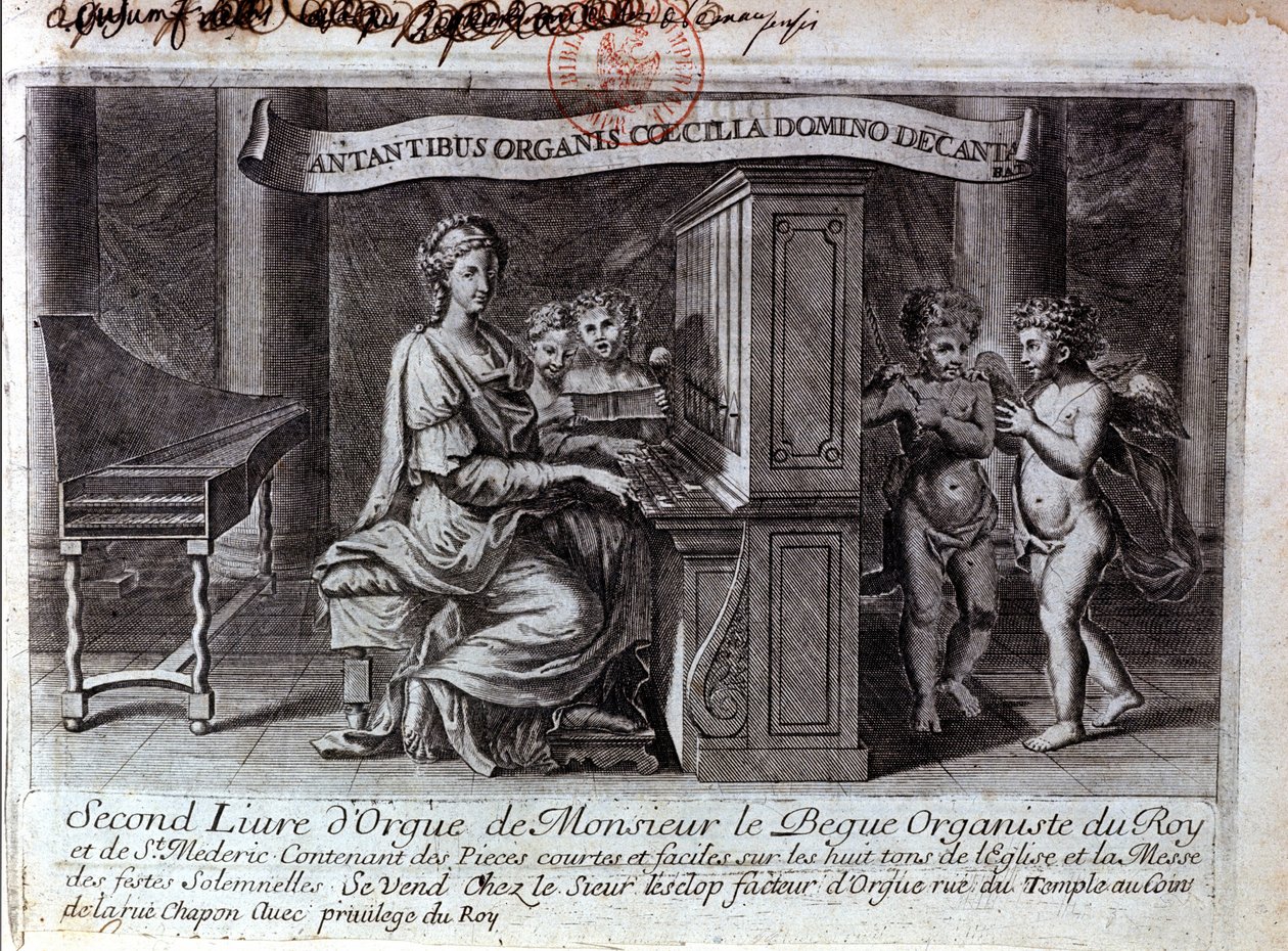 Frontispice af den anden orgelbog af Mr. Nicolas Lebègue. Fransk komponist 1631 til 1702. Organist tjente Ludvig XIV. Paris BNF af Unknown artist