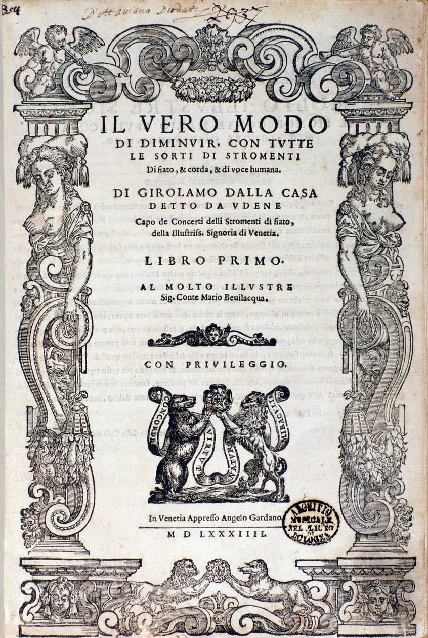 Frontispiece of "" Il vero modo di diminuir "" treatise on ornamentation by Girolamo Dalla Casadani af Unknown artist