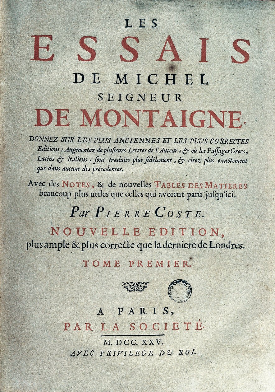 Frontispice af "" Les essays "" af den franske forfatter og humanist Michel de Montaigne (1533-1592). 1725 Barcelona. Biblioteca de Catalunya af Unknown artist