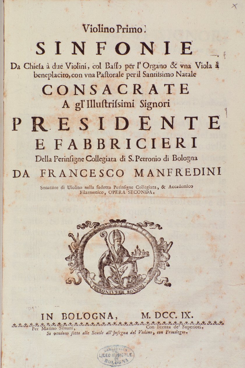 Frontispice af musikpartitur fra Sinfonia da chiesa og to violiner af Francesco Manfredini af Unknown artist