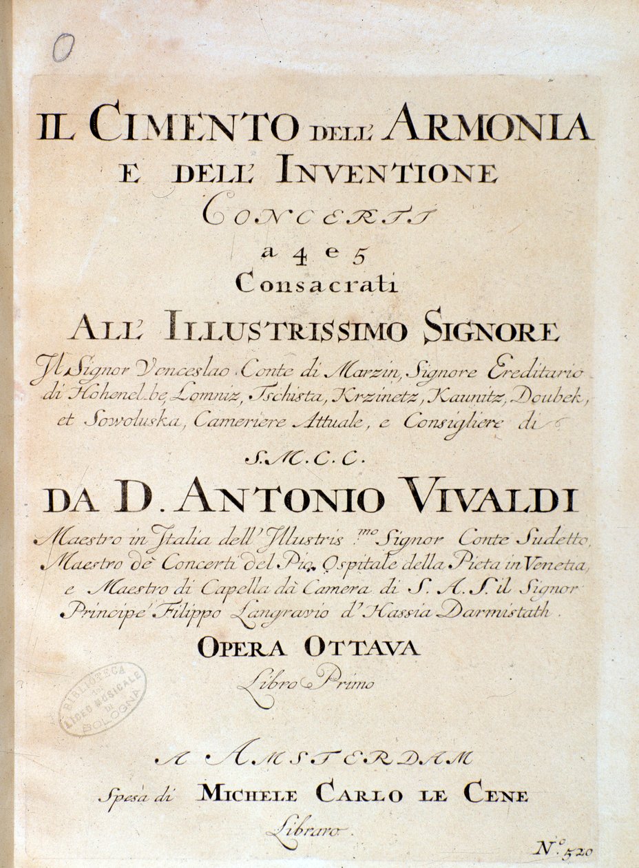 Frontispice af musikpartitur af violin i koncert V i The trial of harmony and opfindelse af den italienske komponist Antonio Vivaldi af Unknown artist