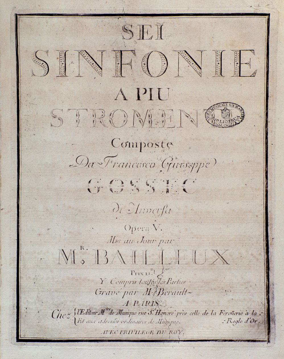 Frontispice af partituret til Sei sinfonie a piu strumenti op. 5 (første symfoni) af Francois Joseph Gossec af Unknown artist