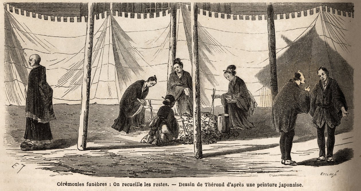 Begravelsesceremonier: efter forbrænding, indsamling af rester. Indgravering til illustration af rejsen til Japan i 1863-1864 af Aime Humbert, minister for Det Schweiziske Forbund, i "Le tour du monde, nouveau journal des voyages", udgivet under ledelsen af Unknown artist