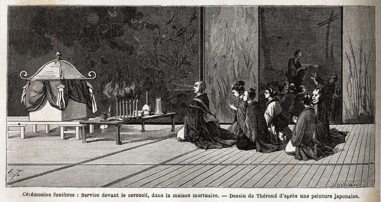 Begravelsesceremonier: gudstjeneste foran kisten, i lighuset. Gravering til illustration af rejsen til Japan i 1863-1864 af Aime Humbert, minister for Det Schweiziske Forbund, i "Le tour du monde, nouveau journal des voyages", udgive af Unknown artist