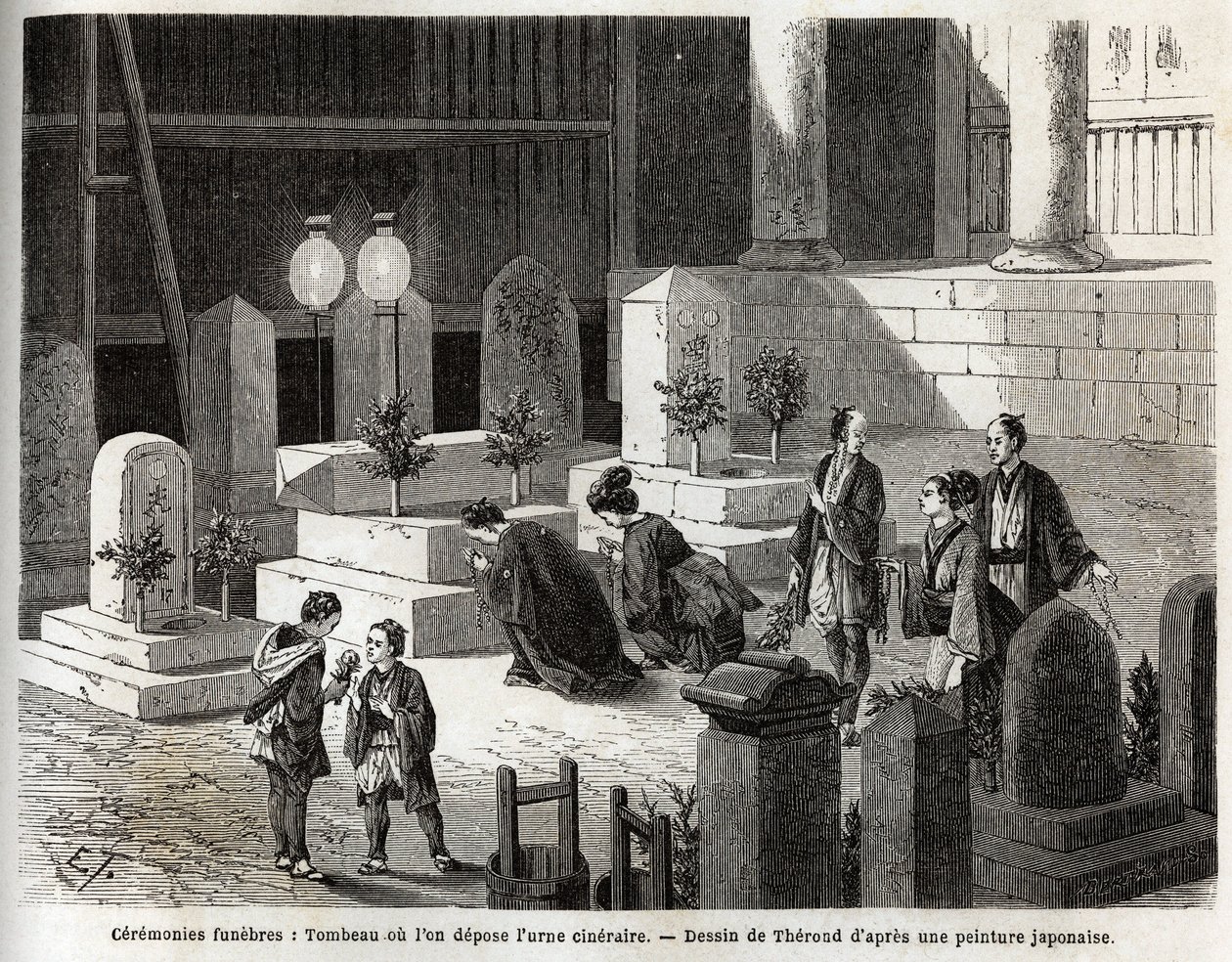 Begravelsesceremonier: grav hvor urnen er placeret. Indgravering til illustration af rejsen til Japan i 1863-1864 af Aime Humbert, minister for Det Schweiziske Forbund, i "Le tour du monde, nouveau journal des voyages", udgivet under ledelse af af Unknown artist