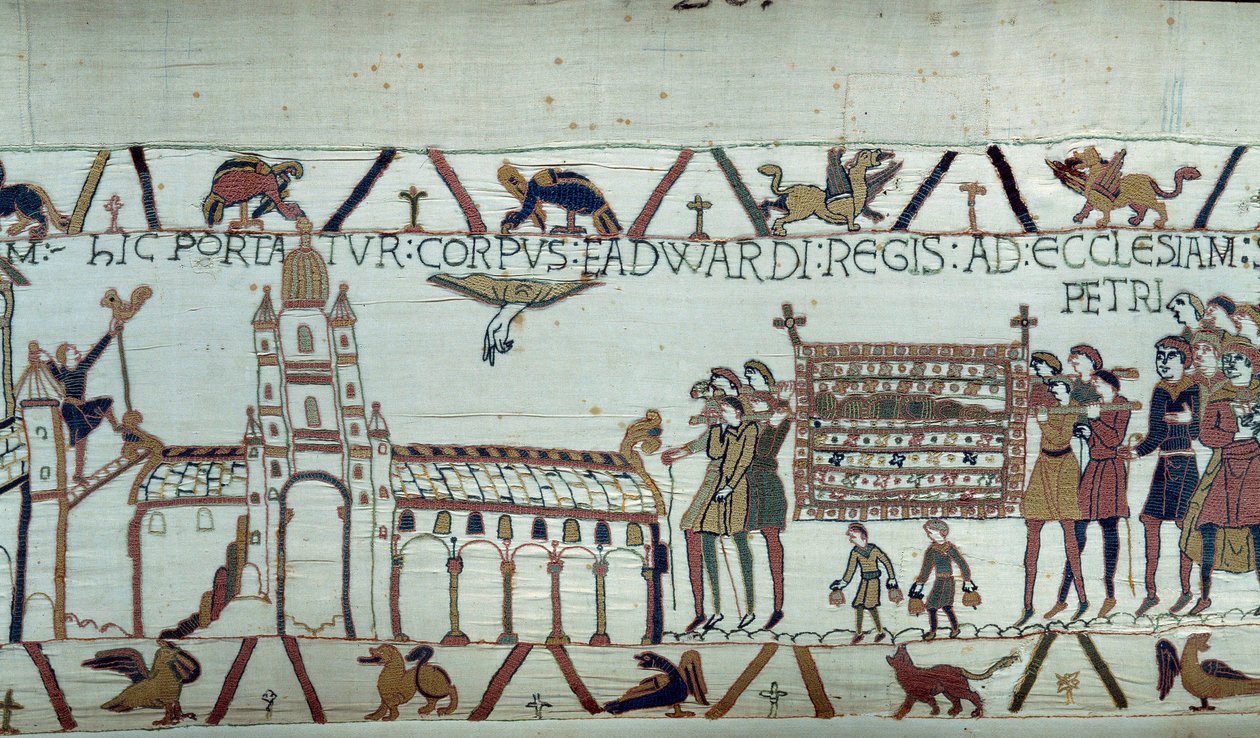 Begravelse af kong Edward Confessor af England, hans lig er ført til kirken St. Peter. Detalje af tapetet af Bayeux eller broderi af dronning Mathilde af Unknown artist