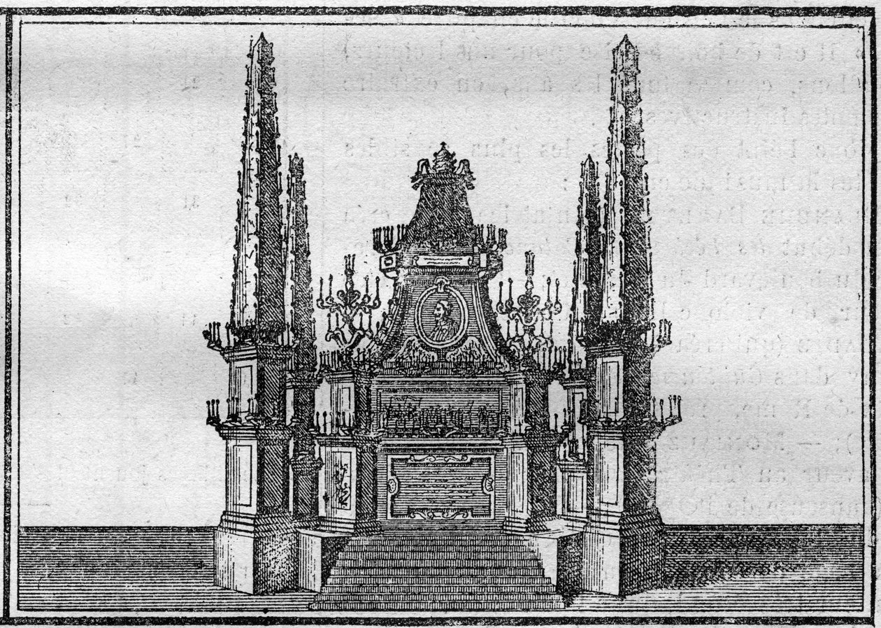 Begravelse af en pave i det 18. århundrede: katafalken for den afdøde pave. Indgravering i "Histoire des religions"". af Unknown artist