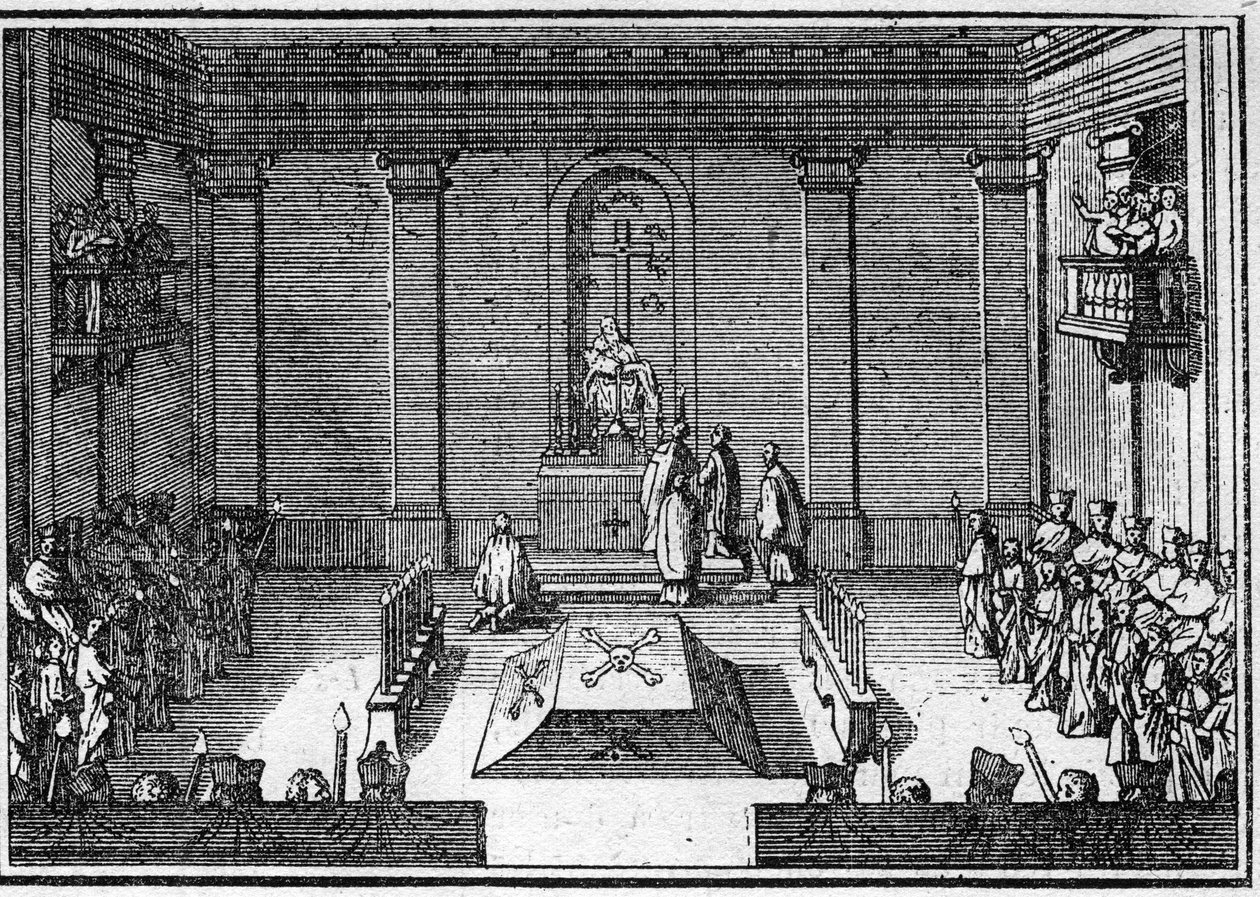Begravelse af en pave i det 18. århundrede: ceremoni af obseques. Indgravering i "Histoire des religions"". af Unknown artist
