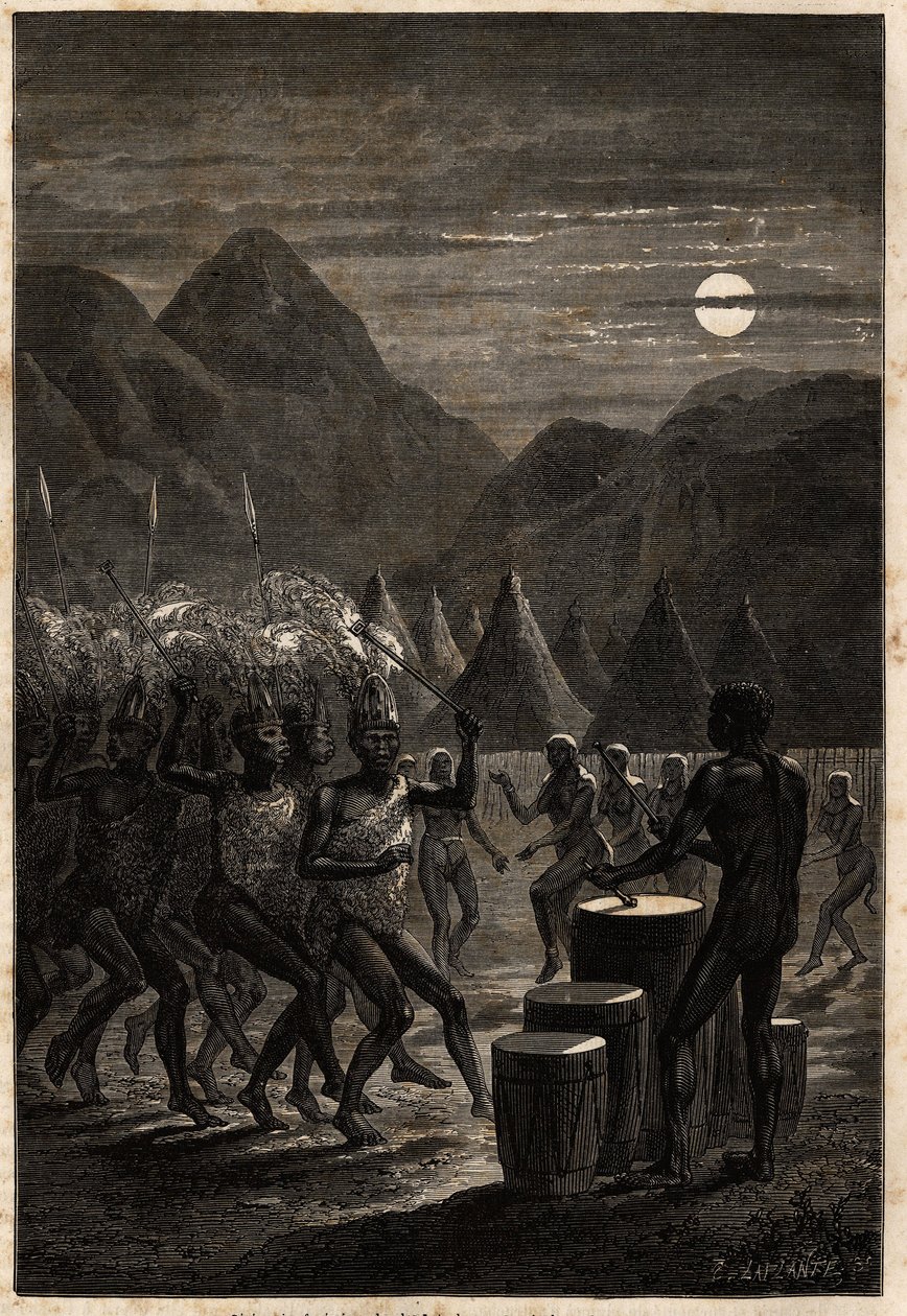 Begravelsesceremoni blandt Lakutas (stamme beliggende i Upper Nile-regionen), trommer og rituelle danse i måneskin. Engravure pour illustration le voyage au lac Albert, en 1861-1864, af Sir Samuel White Baker, i "Le tour du monde, nouveau journal des af Unknown artist