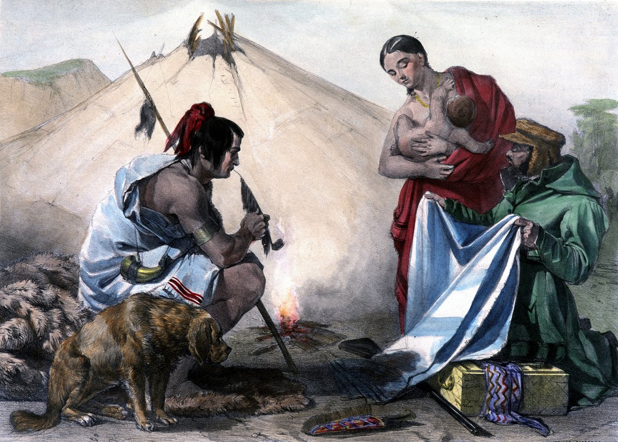 Pelsbytte for stof mellem canadiske Huron-indianere og hvid mand - i "" Shyth
