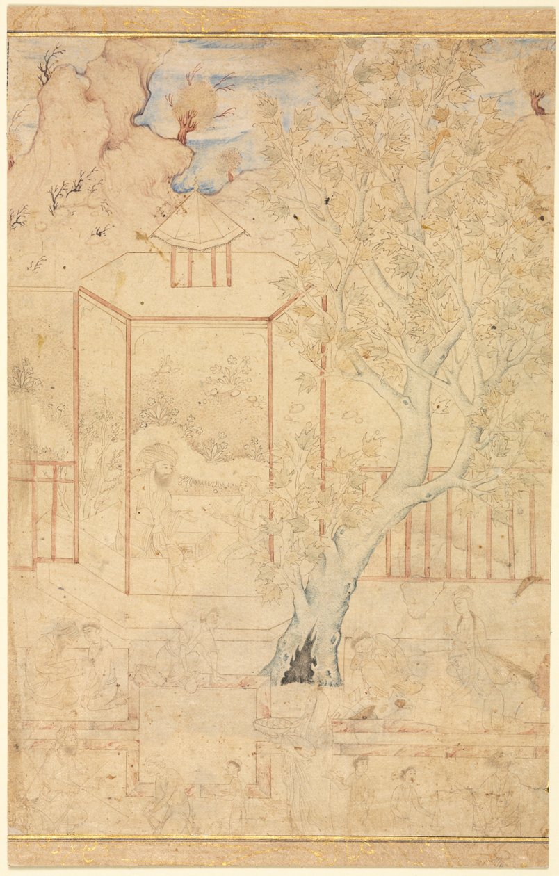 Havescene med en mester, der instruerer en elev i en pavillon af Unknown artist