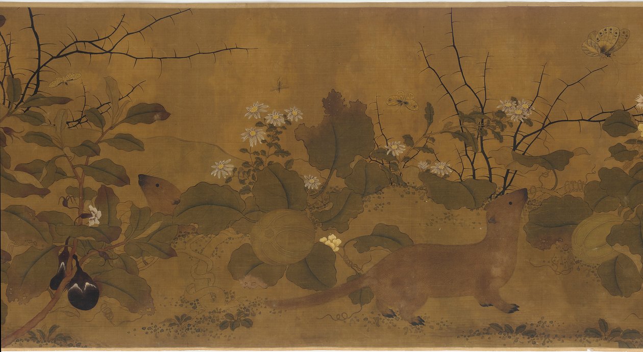 Havescene: meloner, ægplanter, blomster og to væsler af Unknown artist