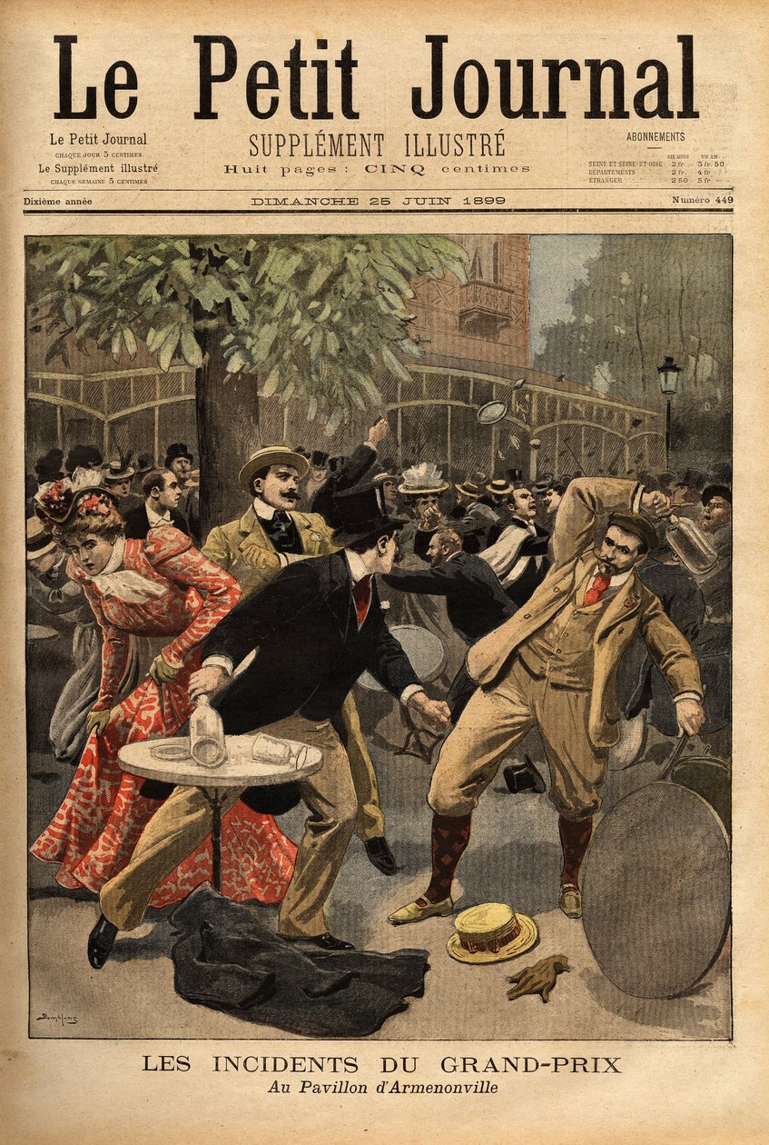 Generel kamp ved Longchamp Grand Prix-løbene, hvis oprindelse skyldes erklæringerne fra Charles Dupuy (1851-1923), indenrigs- og religiøse anliggender, som ophidsede de nuværende borgere ved at få dem til at tro, at trusler mod republikken ( af Unknown artist