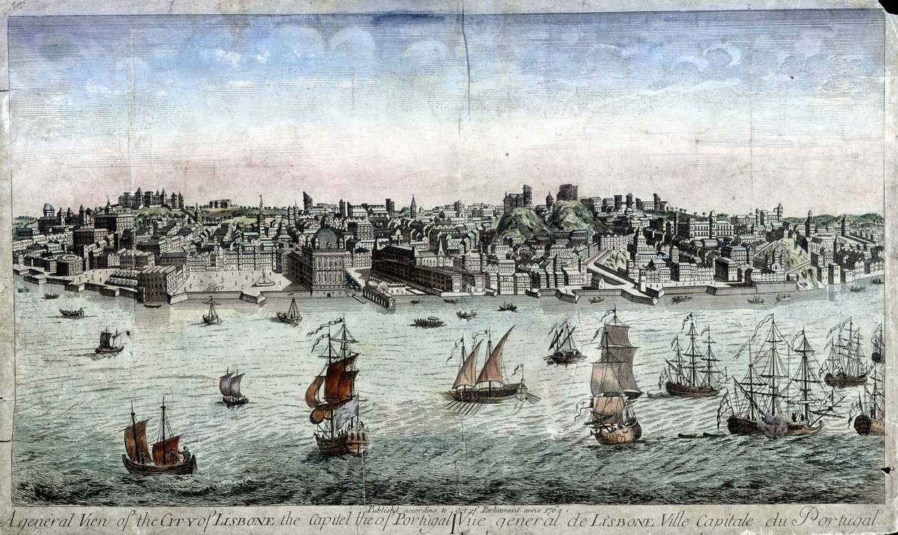 Generelt billede af Lissabon, Portugals hovedstad - gravering af Unknown artist
