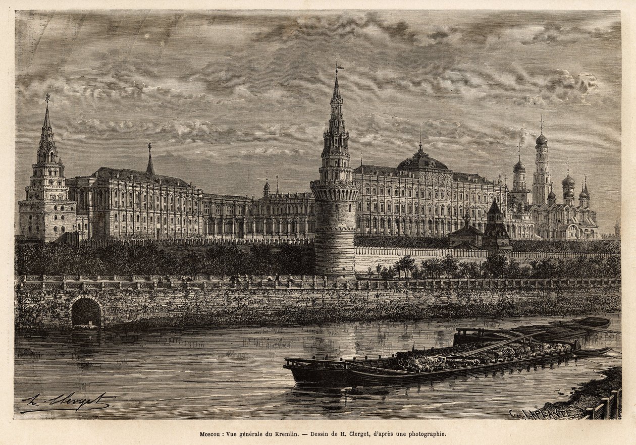 Generel udsigt over Kreml, Moskvas geografiske centrum og Ruslands politiske centrum, kvarteret bygget i det 14. århundrede er altid blevet udvidet og restaureret i hele landets historiske peripetier. Gravering til illustration af La Rus af Unknown artist