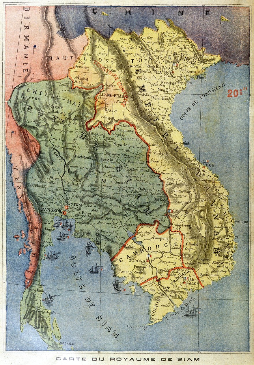 Geografisk kort over kongeriget Siam - i "" Le petit journal"" af Unknown artist