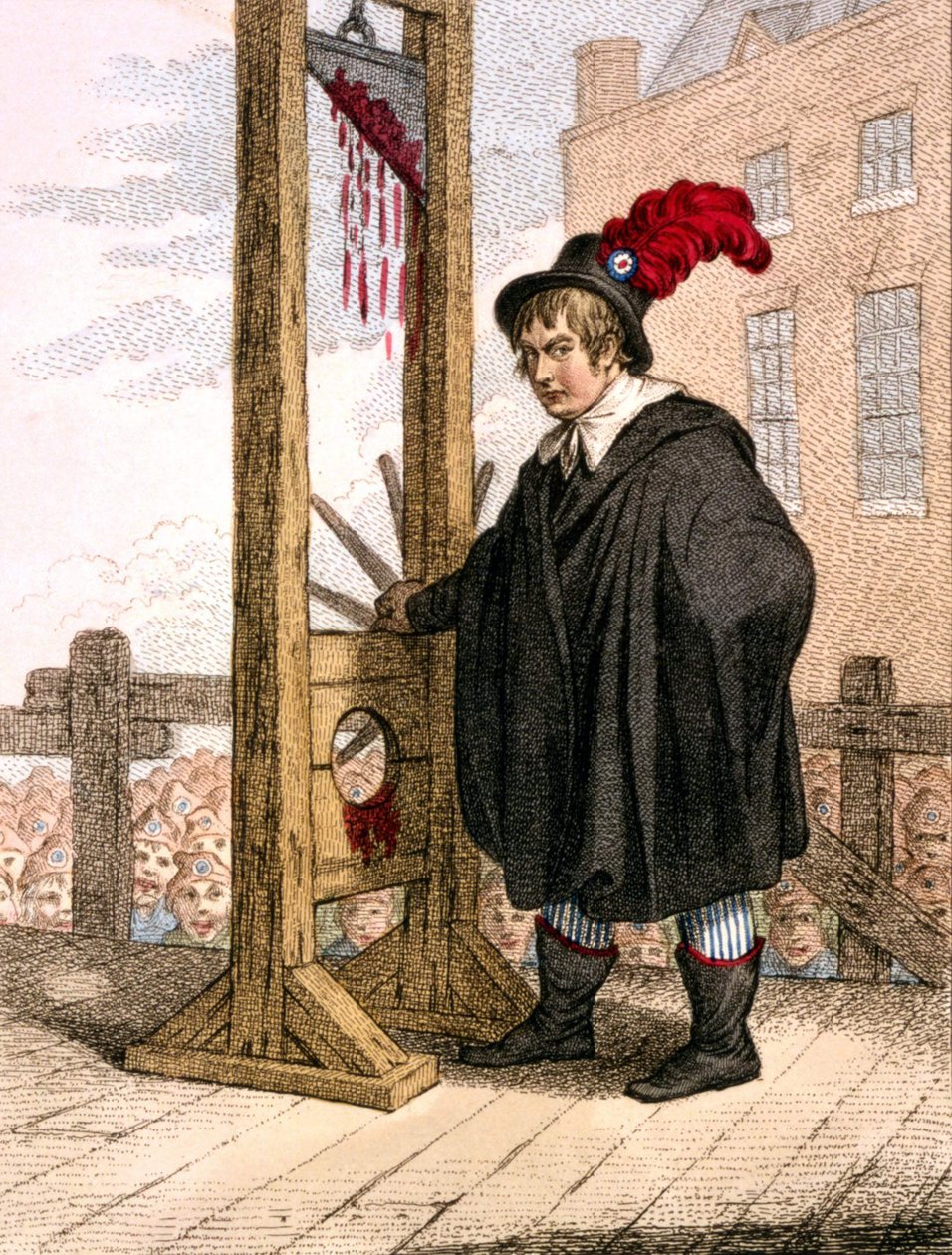 George Tierney klædt ud som en bøddel, der stod ved siden af en guillotine. af Unknown artist