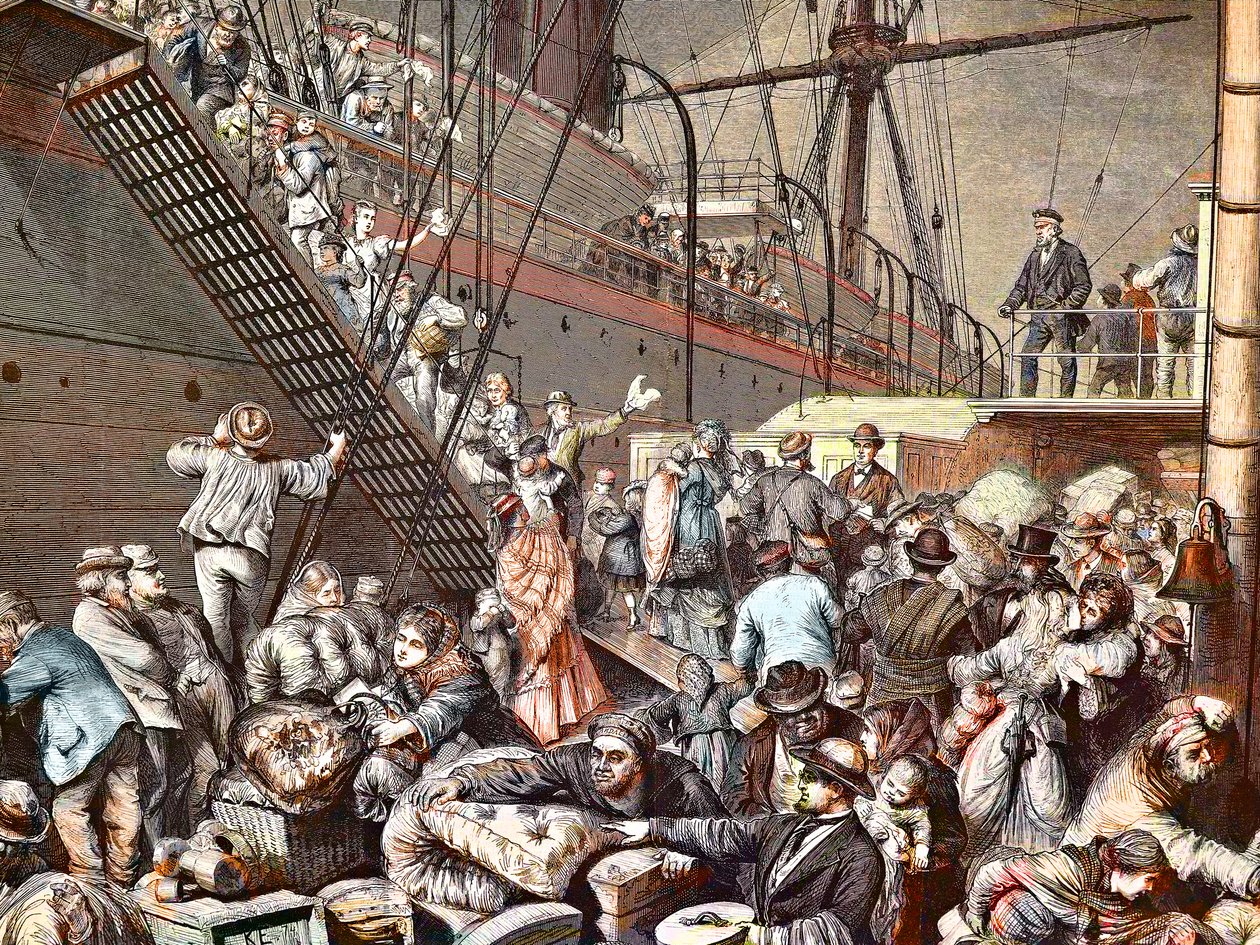 Tyske emigranter til New York, der går om bord på Hamborg dampskib i 1874, gravering - (Deutsche Emigranten) af Unknown artist