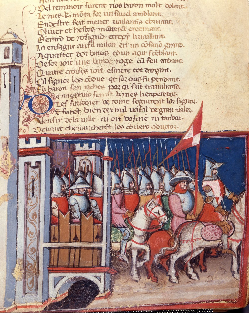 Gestiksang: en hær af mænd til hest, der forlader et slot. Miniature fra det fransk-italienske manuskript "Entree d