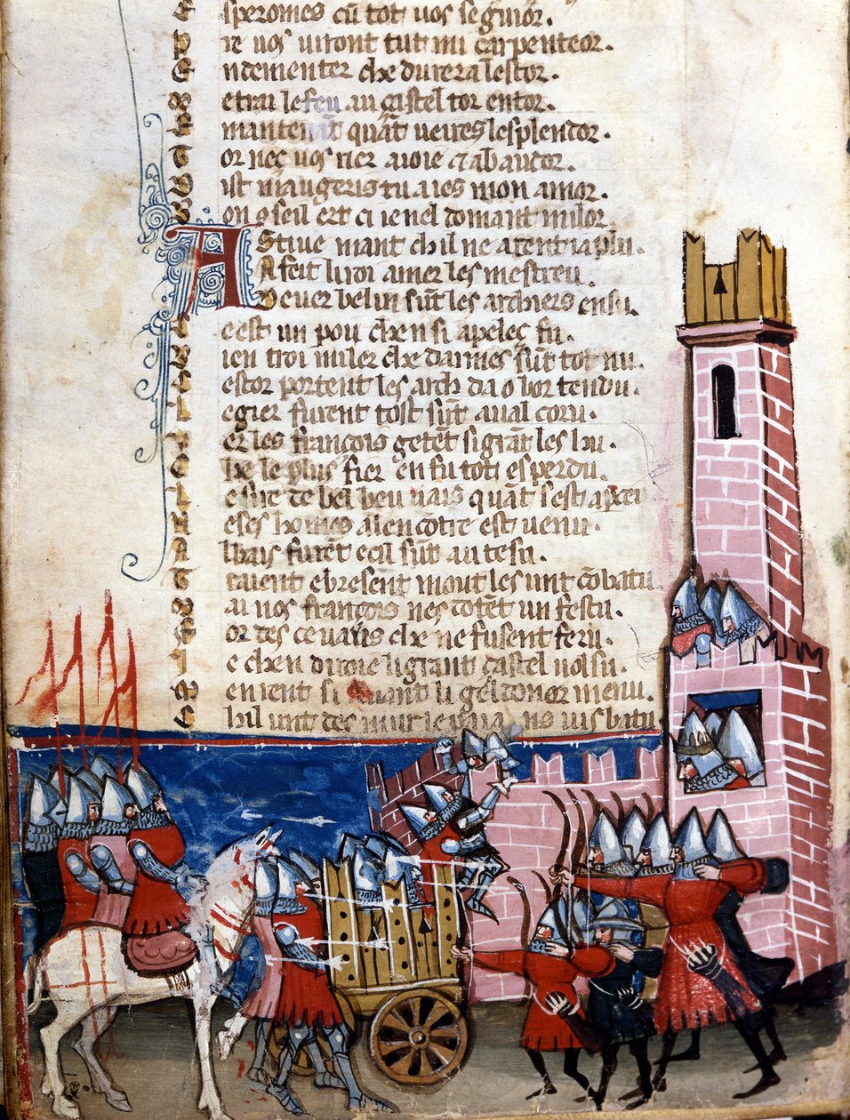 Gestures sang: kampscene nær en befæstet by. Karl den Stores tropper (742-814) kæmpede mod maurerne i Spanien. Miniature taget fra det fransk-italienske manuskript "Entreée d